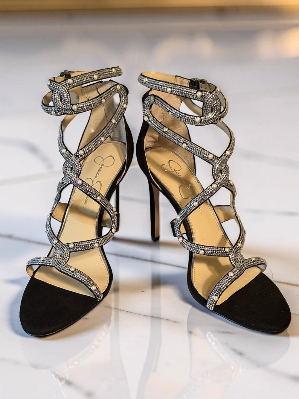 Jessica Simpson NWT Sz 10M Black Crystal Embellished Stiletto Sandals (SH373)